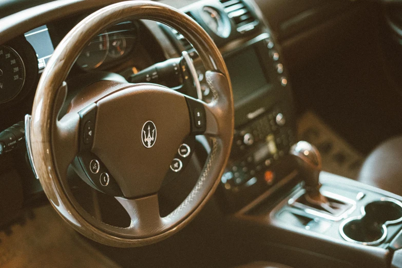 a close up of a steering wheel in a car, a screenshot, pexels contest winner, renaissance, brown and white color scheme, alfa romeo project car, instagram post, cougar