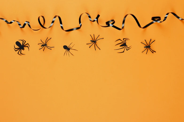 a group of black and white spider decorations on an orange background, by Helen Stevenson, trending on pexels, wide ribbons, mummy, background image, dark. no text