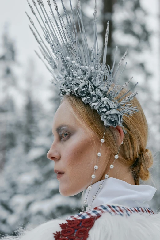 a woman wearing a silver crown in the snow, inspired by Louisa Matthíasdóttir, baroque, in an arctic forest, mix with rivendell architecture, festivals, swarovski style