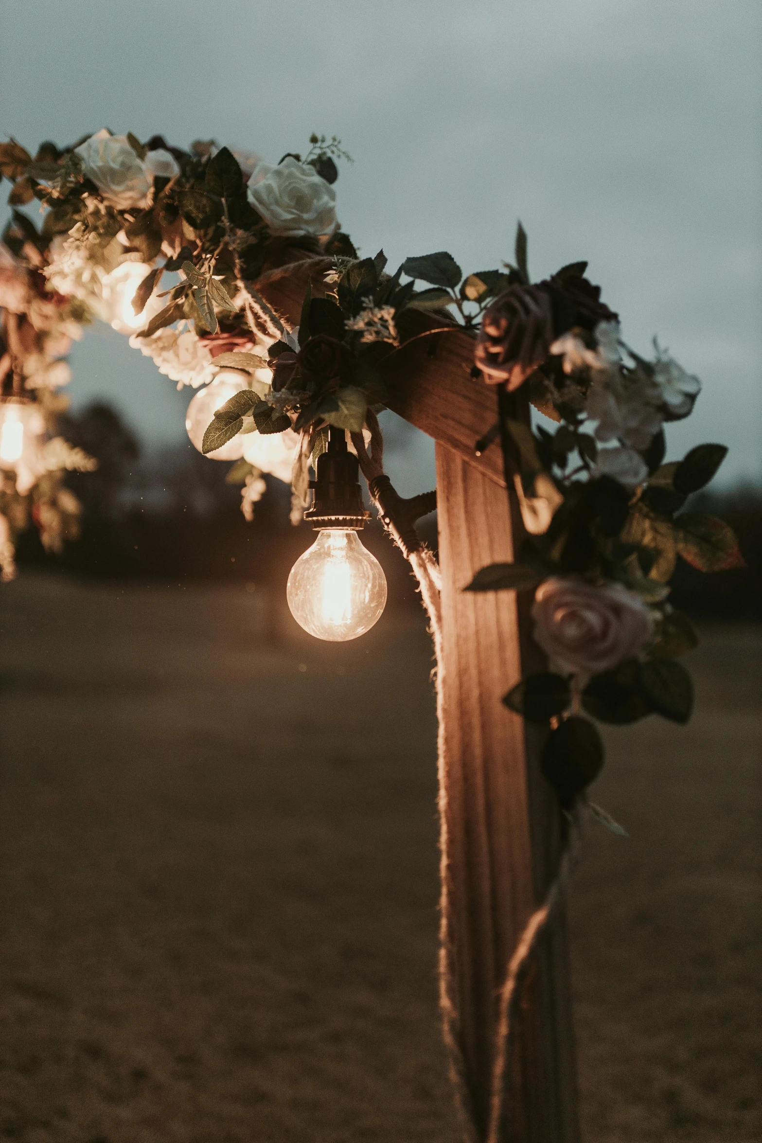 a light bulb sitting on top of a wooden pole, unsplash contest winner, romanticism, wedding, glowing flowers, outdoors setting, muted lights