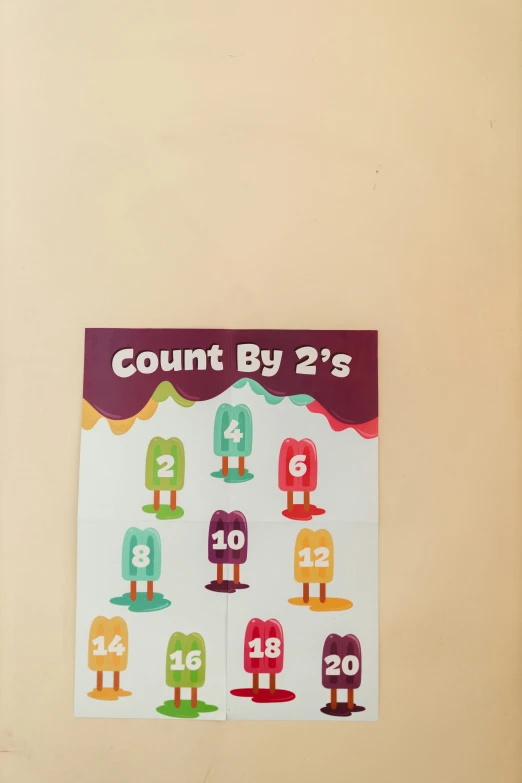 a bulletin board that says count by 2's, a poster, by Glenys Cour, pexels contest winner, ice cream, instagram story, ebay product, multi colored