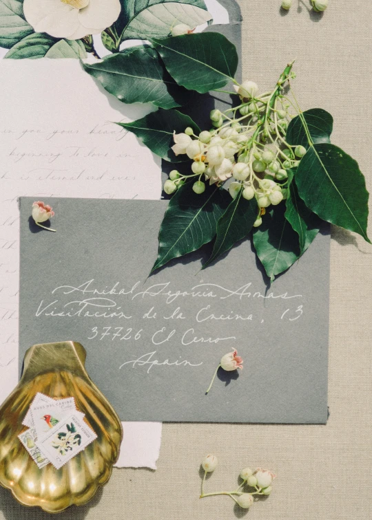 a wedding invitation sitting on top of a table, inspired by Amalia Lindegren, featured on unsplash, antique perfume, with flowers and plants, gray canvas, in spain