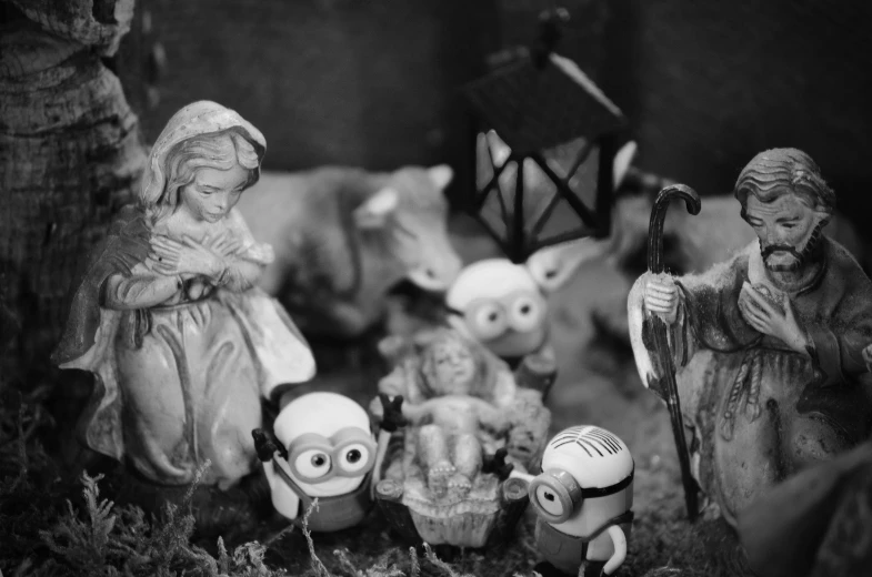 a black and white photo of a nativity scene, a black and white photo, by Maksimilijan Vanka, pexels, yellow minion from despicable me, fantasy scene, photo realistic”, in the style of hans thoma