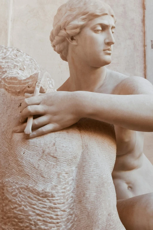 a statue of a man holding a sheep, a marble sculpture, inspired by Antonio Canova, pexels contest winner, skin detail, looking her shoulder, statue of a cubes and rings, made of flesh and muscles
