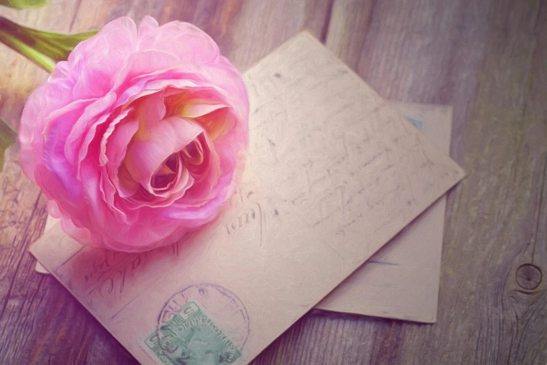 a pink flower sitting on top of a piece of paper, by Lucia Peka, pixabay contest winner, private press, vintage postcard, letter s, instagram picture, postage