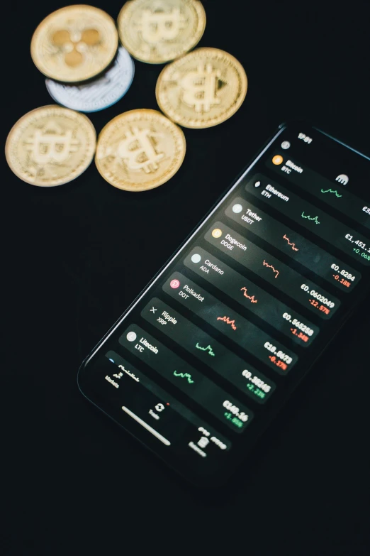 a cell phone sitting next to a pile of coins, cryptocurrency, dark mode, waveforms on top of square chart, thumbnail