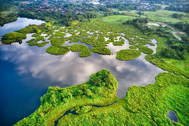 a large body of water surrounded by lush green land, by Adam Marczyński, pexels contest winner, swamps, jakarta, istock, flying islands