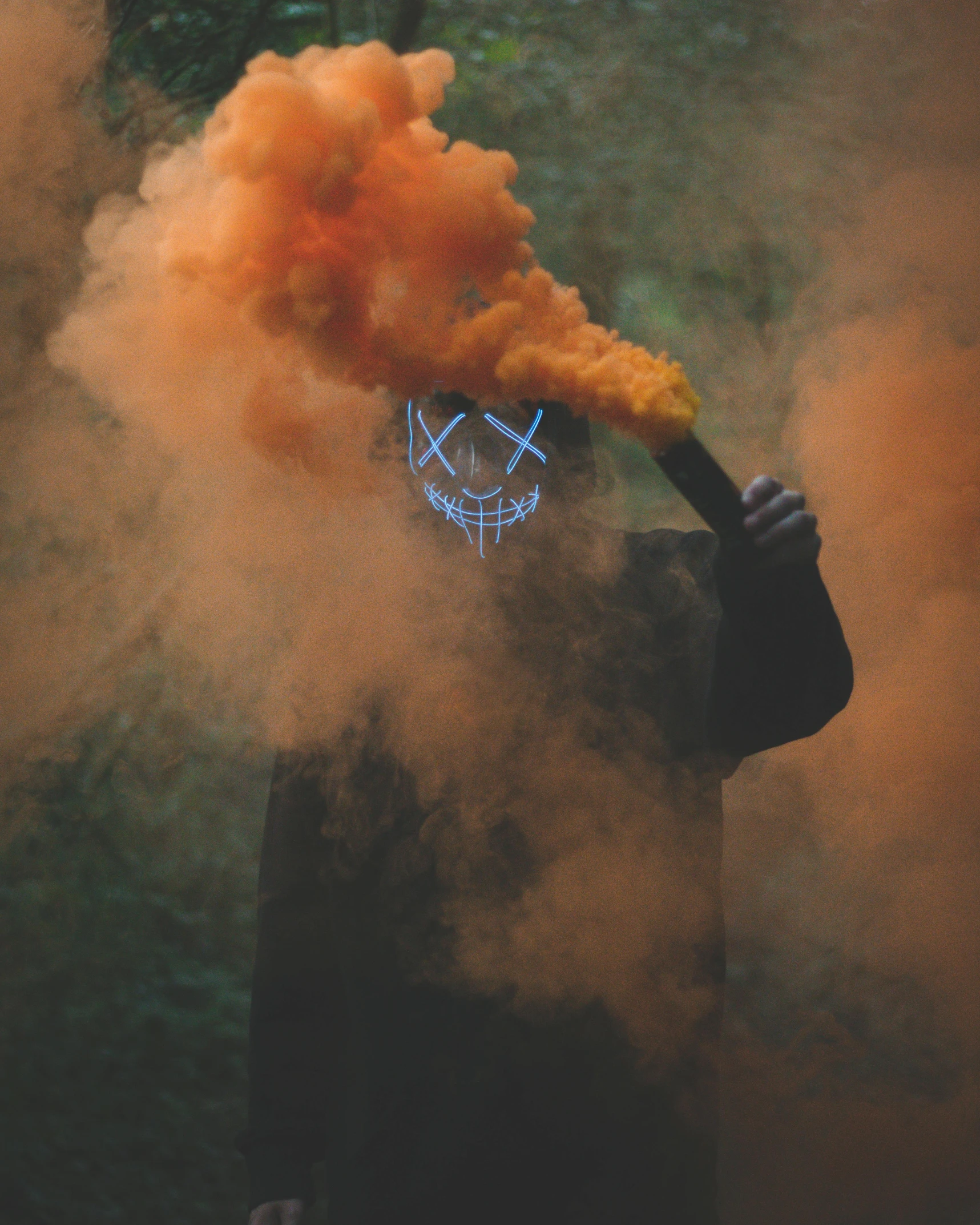 a person with smoke coming out of their face, an album cover, pexels contest winner, agent orange, :6 smoke grenades, discord profile picture, orange and blue colors