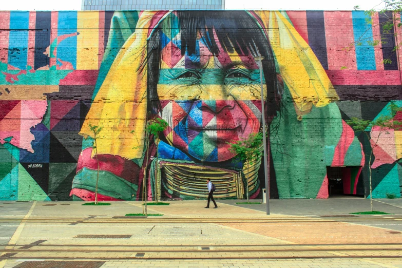 a person standing in front of a colorful mural, inspired by Steve McCurry, pexels contest winner, street art, colombia, peter gric and dan mumford, panoramic centered view of girl, indigenous man