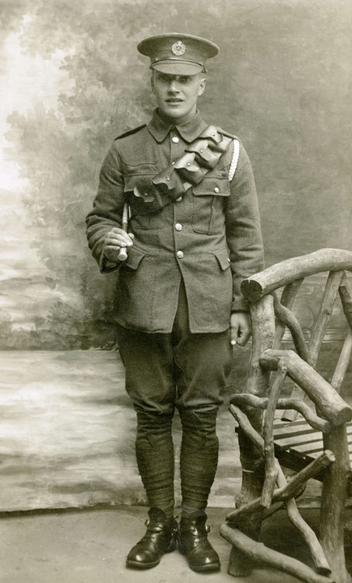 an old black and white photo of a man in uniform, by Lorraine Fox, world war one, full body photograph, tim