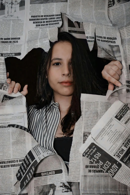 a woman hiding behind a pile of newspapers, by Lucia Peka, pexels contest winner, isabela moner, yearbook photo, cut out, body and headshot