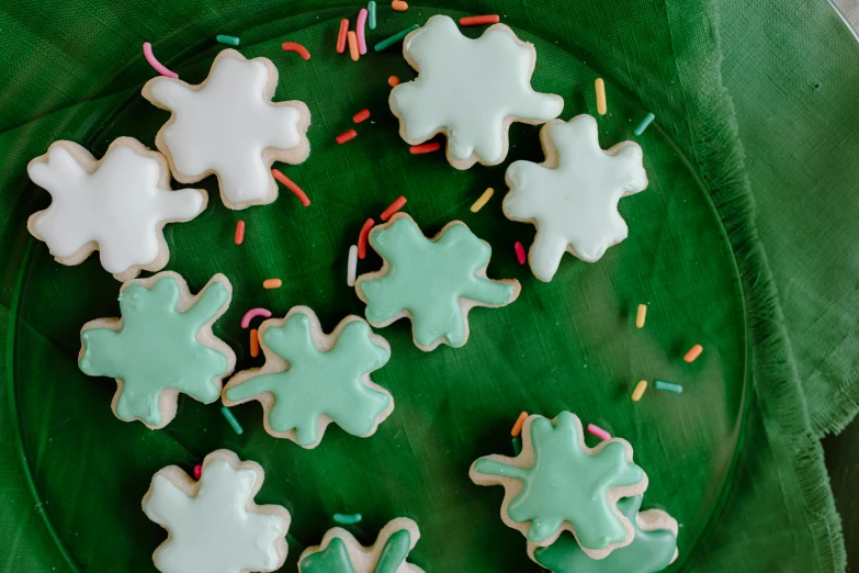 a green plate topped with cookies and sprinkles, by Jessie Algie, trending on pexels, snowflakes, with celadon glaze, glossy from rain, thumbnail