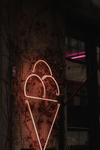 a neon sign on the side of a building, trending on pexels, ice cream cone, brown atmospheric lighting, ilustration, sweet artpiece