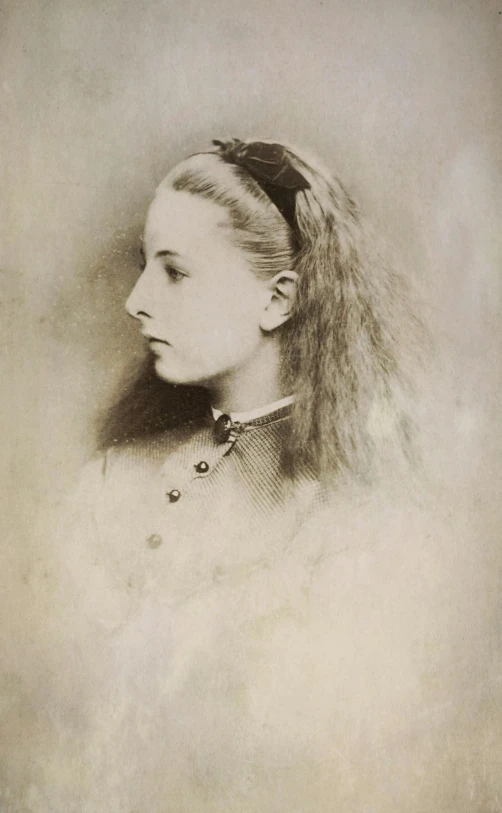 an old photo of a woman with long hair, inspired by Violet Oakley, shutterstock, pre-raphaelitism, john tenniel, girl wearing uniform, profile portrait, girl with white hair