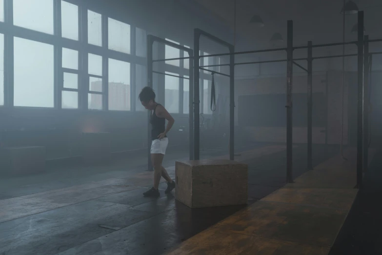 a person standing next to a box in a room, inspired by Elsa Bleda, realism, gym, volumetric lighting and fog, athletic crossfit build, by emmanuel lubezki