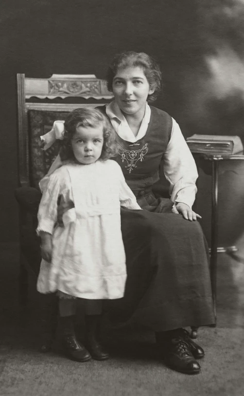 an old black and white photo of a woman and a little girl, inspired by August Sander, pexels, art nouveau, square, digital image, victorian clothing, studio photograph