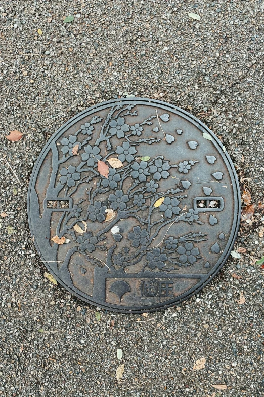 a manhole cover with a tree on it, an album cover, inspired by Inshō Dōmoto, unsplash, sōsaku hanga, cast iron material, 2 0 5 0 s, public art, lush sakura