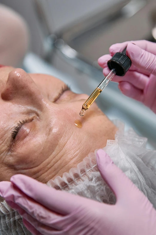 a close up of a person getting an injection, renaissance, acid pooling inside, caramel, full face, thumbnail