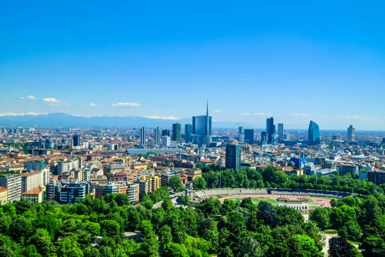 a view of a city from the top of a hill, by Giuseppe Avanzi, pexels contest winner, renaissance, on a bright day, skyscrapers with greenery, milan schere, slide show