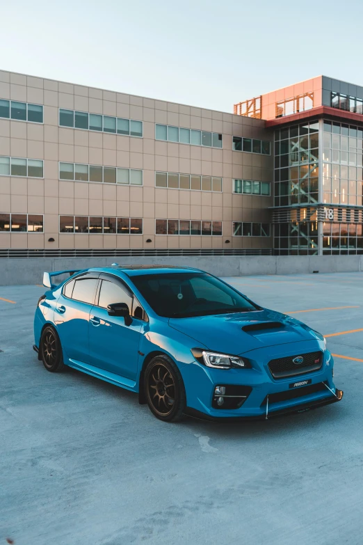 a blue subaruna parked in front of a building, inspired by An Gyeon, unsplash contest winner, auto-destructive art, wrx golf, matte paint colors, profile image, bay area