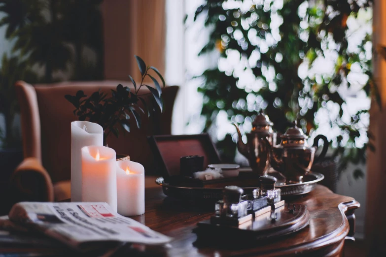 a table that has some candles on it, pexels contest winner, soft morning light, fan favorite, instagram picture, medium - shot