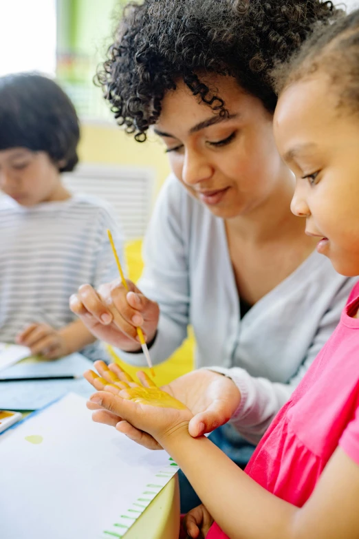 a woman and two children sitting at a table, a child's drawing, academic art, bright yellow color scheme, thumbnail, holding paintbrushes, diversity