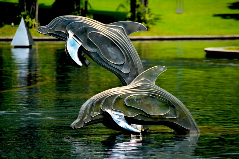 a sculpture of two dolphins jumping out of the water, by Art Brenner, swanland, in 2 0 1 2, women