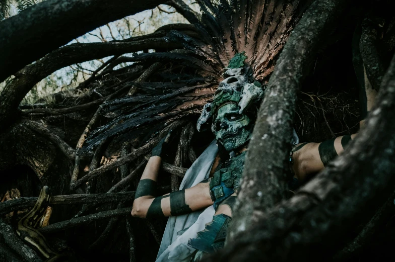 a person laying on top of a pile of tree branches, pexels contest winner, renaissance, wearing tribal armor, dia de muertos, green skinned, concept photo