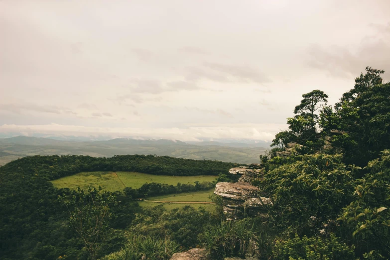 a man standing on top of a lush green hillside, by Lee Loughridge, pexels contest winner, visual art, tamborine, in the distance is a rocky hill, overcast day, obunga