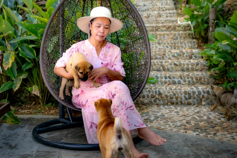 a woman sitting in a chair with two dogs, pexels contest winner, vietnamese woman, resort, avatar image, portrait image