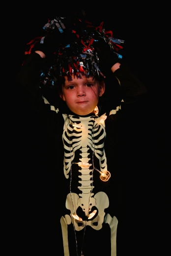 a young boy dressed up in a skeleton costume, by Pamela Drew, intricate led jewellery, slide show, multi - coloured, 4yr old