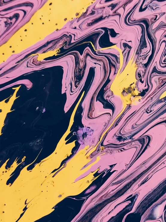 a close up of a purple and yellow painting, trending on pexels, marbling, black and yellow scheme, pink and yellow, album cover