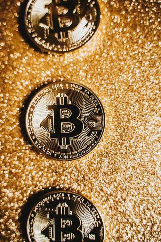 three bitcoins sitting on top of each other, by Meredith Dillman, trending on pexels, renaissance, glowing crystals on the ground, gold cloth, 🪔 🎨;🌞🌄, 4 0 years