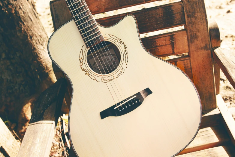 a white guitar sitting on top of a wooden bench, linsey levendall, warm shading, engraved, high quality upload