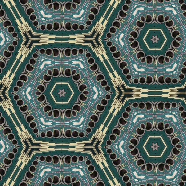 a pattern that looks like hexagons, a digital rendering, inspired by Adolf Wölfli, bowling alley carpet, golden turquoise steampunk, kaleidoscope of machine guns, intricate ground stone