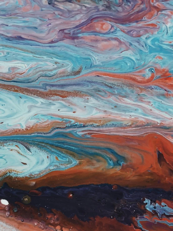 a close up of a painting of a person on a surfboard, inspired by John Martin, unsplash contest winner, metaphysical painting, fluid acrylic pour art, planetary landscape, blue and orange palette, abstraction chemicals