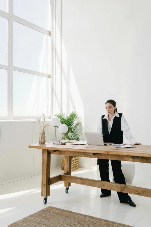 a woman sitting at a desk using a laptop computer, trending on unsplash, minimalism, standing still, sustainable materials, girl in suit, picture of an interior loft