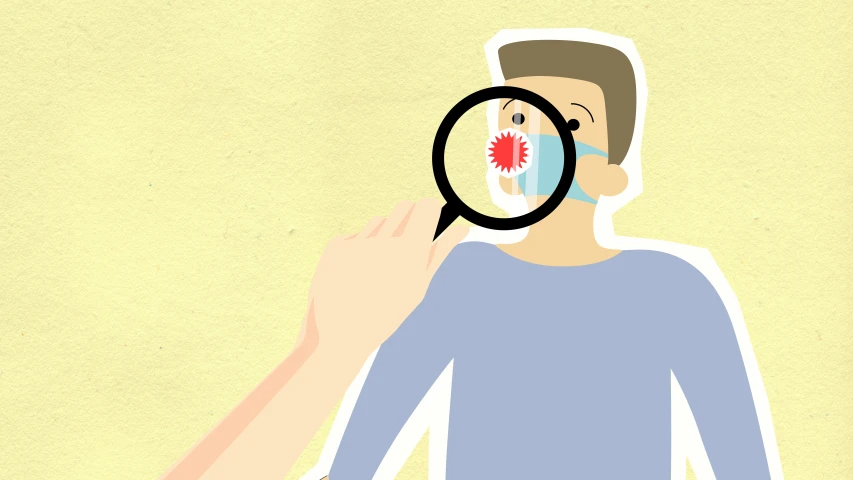 a man is looking through a magnifying glass, a cartoon, inspired by Emiliano Ponzi, surgical mask covering mouth, on a pale background, person in foreground, wikihow