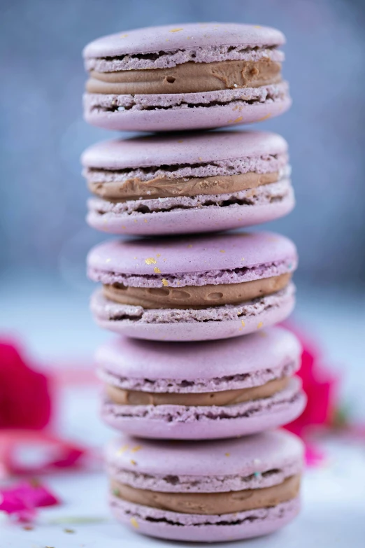 a stack of pink macarons sitting on top of each other, inspired by Rudolf von Alt, purple sand, banana, thumbnail, f/3.2