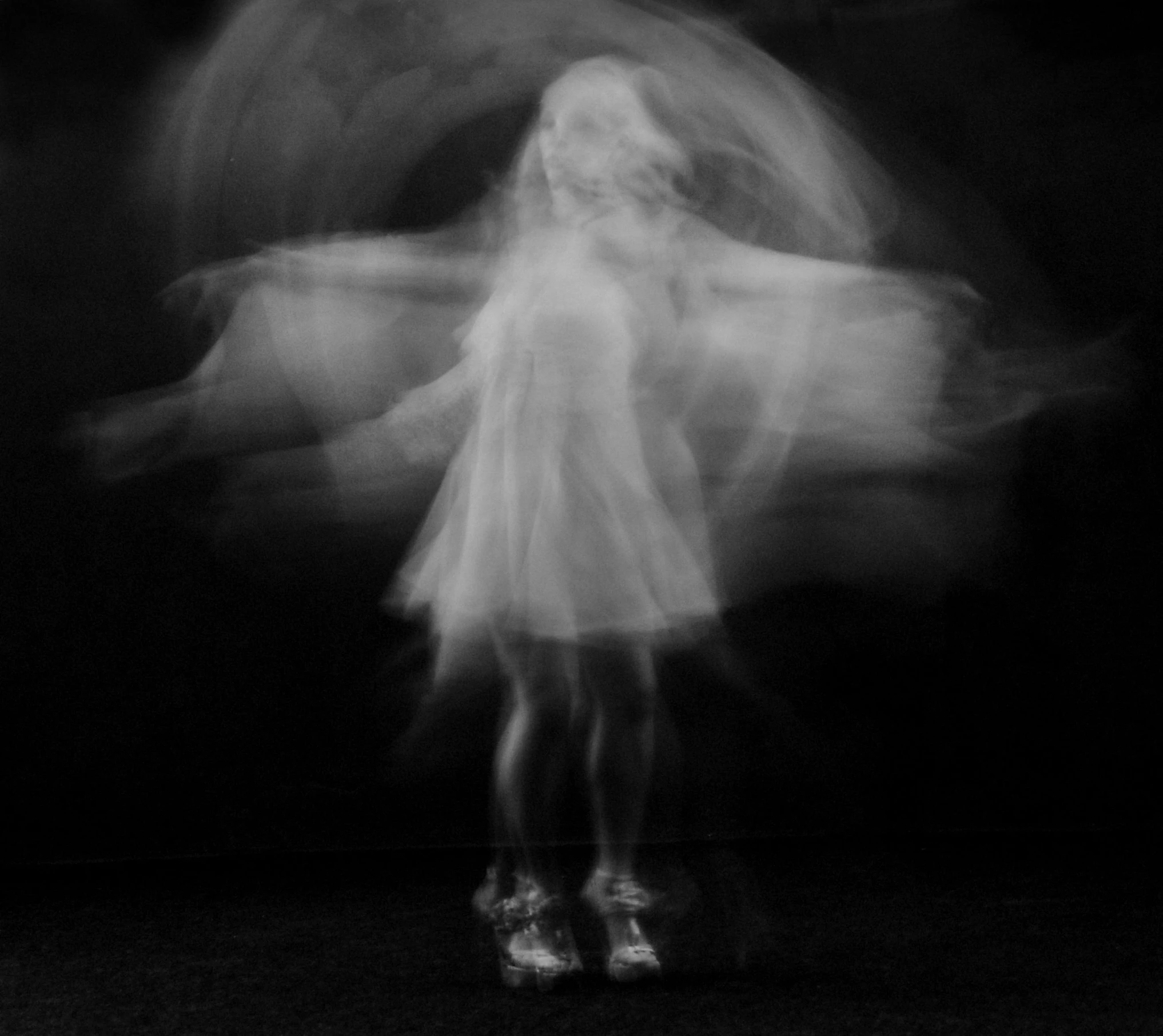 a woman in a white dress holding an umbrella, a black and white photo, by Jan Rustem, unsplash, art photography, lightpainting motion blur, ghost children, blonde girl in a cosmic dress, saatchi art