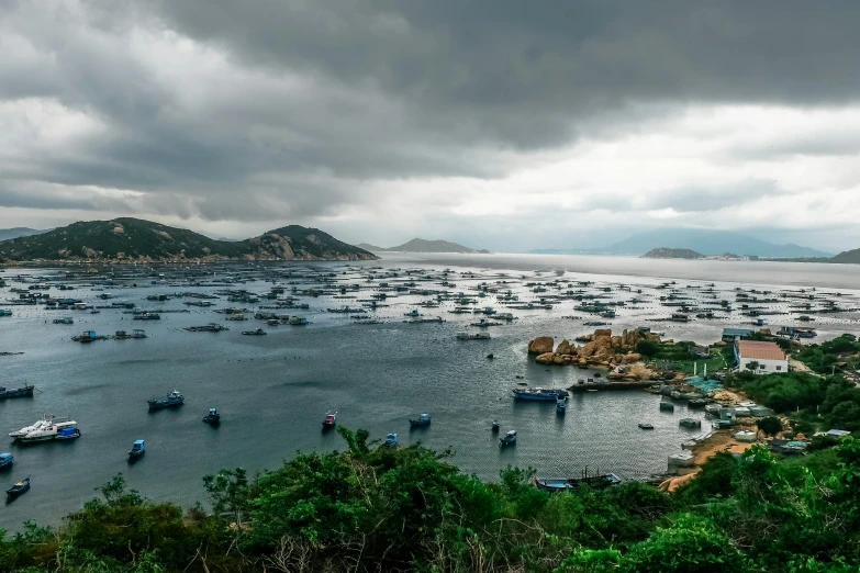 a large body of water filled with lots of boats, by Daniel Lieske, pexels contest winner, vietnam, grey cloudy skies, panoramic view, fan favorite