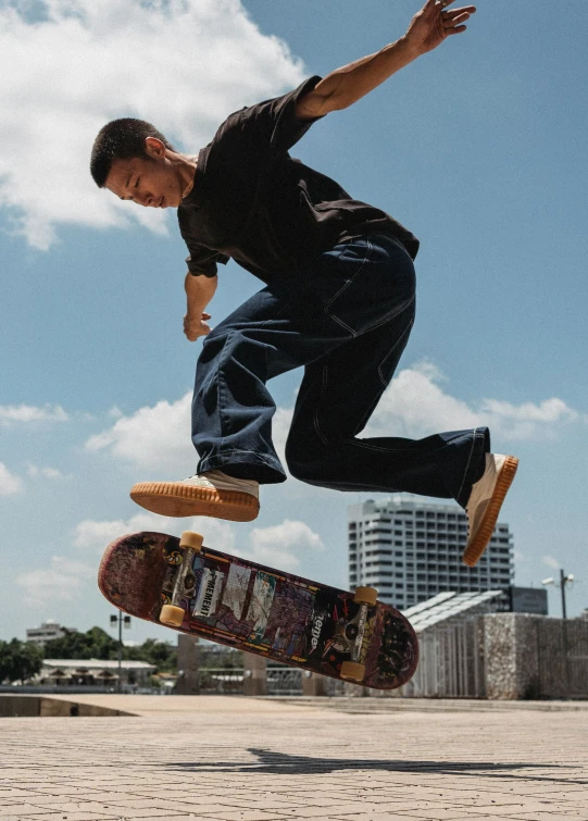 a man flying through the air while riding a skateboard, trending on unsplash, hyperrealism, slide show, japanese streetwear, brown, taken on iphone 14 pro