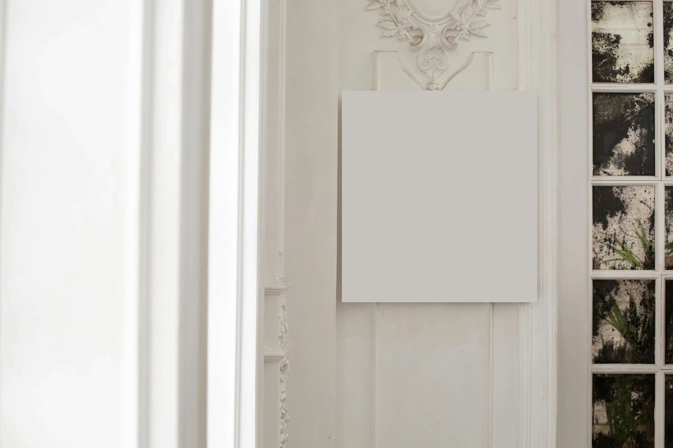 a picture hanging on a wall in a room, inspired by Agnes Martin, unsplash, white elegant baroque design, musee d'orsay 8 k, alternate album cover, flat grey color