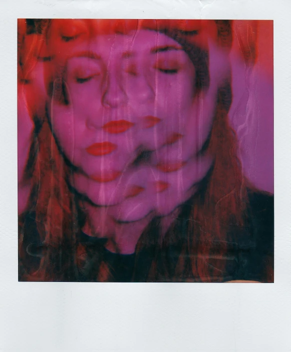 a polaroid picture of a woman with her eyes closed, inspired by Elsa Bleda, neo-fauvism, purple and red color bleed, in style of britt marling, photo booth, scanned in