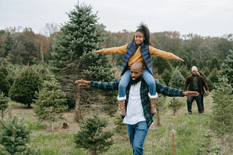a man carrying a woman on his shoulders through a christmas tree farm, by Carey Morris, pexels contest winner, symbolism, diverse, father with child, people on a picnic, thumbnail
