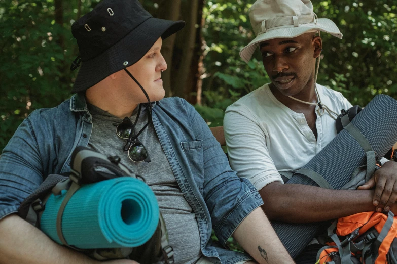 a couple of men sitting next to each other on a bench, forest picnic, charli bowater and artgeem, diversity, wlop and ross thran