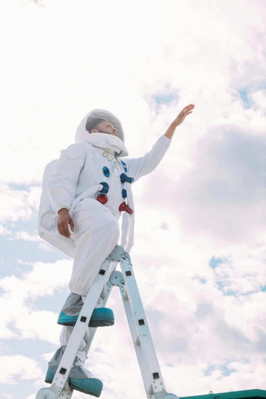 a woman in a space suit standing on a ladder, trending on unsplash, waving, ☁🌪🌙👩🏾, concept photo, yung lean