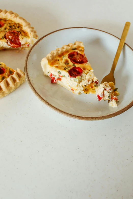 a white plate topped with a slice of pizza, soft grey and red natural light, midsommar style, spoon placed, product image