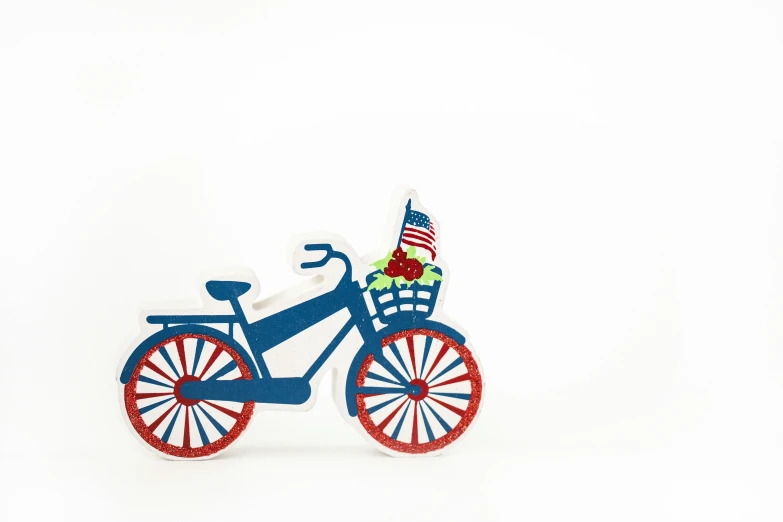 a blue bicycle with a basket full of flowers, folk art, glowforge template, fourth of july, on white background, various posed