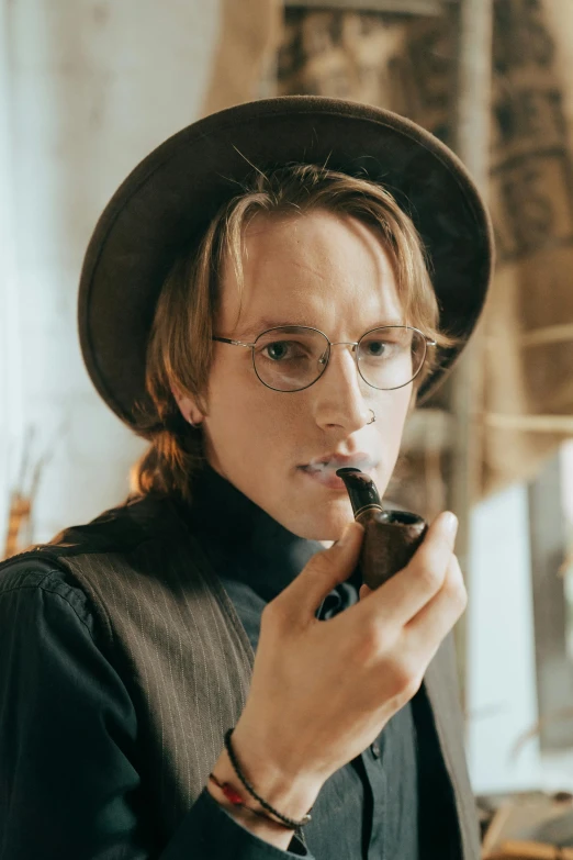 a man in a hat and glasses smoking a pipe, a character portrait, trending on pexels, bauhaus, johan liebert mixed with alucard, a handsome, apothecary, style of seb mckinnon